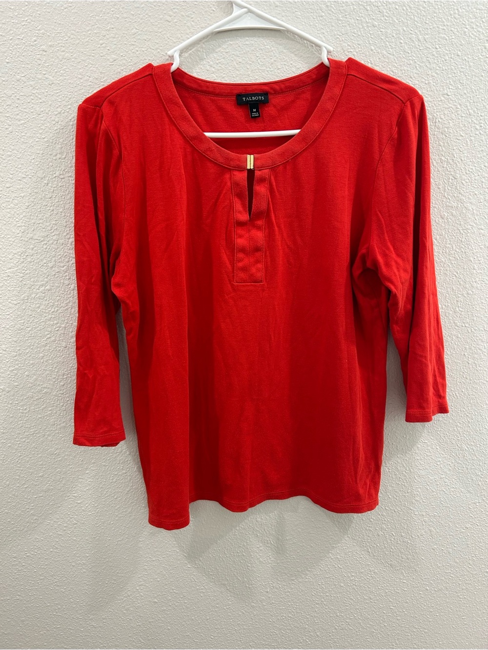 Talbots Red 3/4 Sleeve Scoop Neck Top with Gold Bar Detail